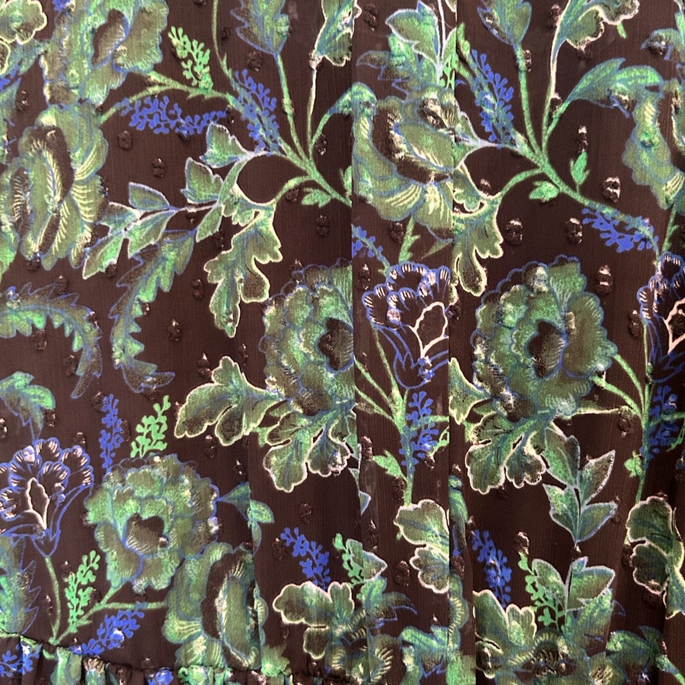 Torrid Size 1 Maxi Chiffon Clip Dot Pleated Black Dress with Green & Navy Floral - Picture 5 of 7